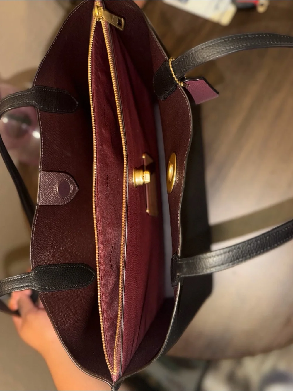 Coach Black Pebbled Leather Willow Tote with Burgundy Tag and Trim